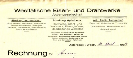 Briefkopf Westfälische Eisen- und Drahtwerke, 1927