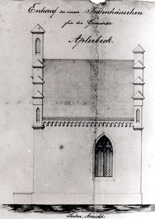 Seitenansicht der Trauerhalle nach einem Plan des Baumeisters von Hartmann, 1855 (Quelle: Stadtarchiv Dortmund, Bestand 16, lfd. Nr. 405)